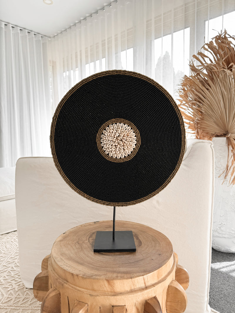 Tibit beaded shell circle display with stand - Black & Bronze
