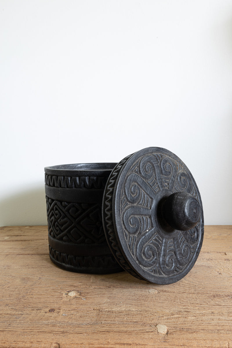 Tempayan wooden hand carved jar - Black